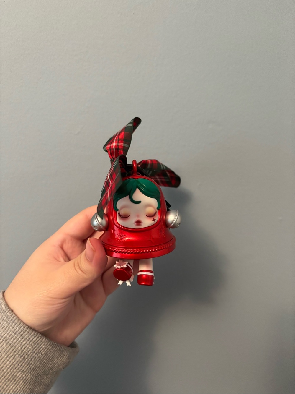 Red Holiday Bell Character Bag Charm with Green Hair